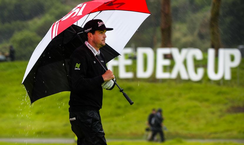 PACIFIC PALISADES, CA - FEBRUARY 17: Keegan Bradley evacuates the golf course as play is suspened due to weather conditions during the second round of the Genesis Open at Riviera Country Club on February 17, 2017 in Pacific Palisades, California. (Photo by Stan Badz/PGA TOUR)