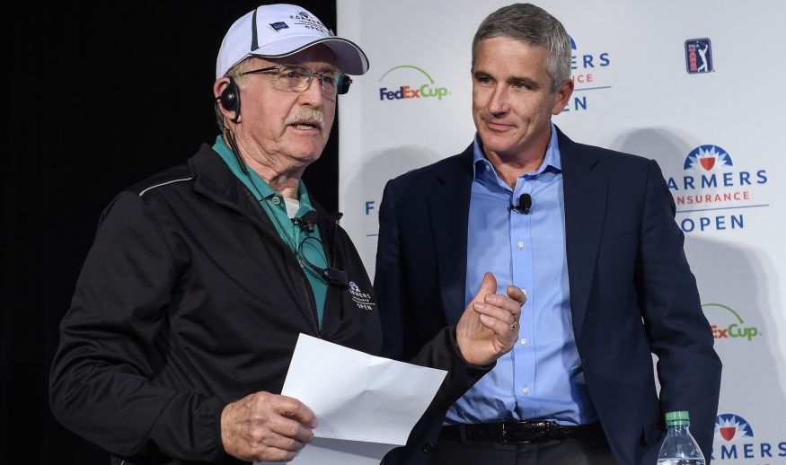 SAN DEIGO, CA - JANUARY 25: (L-R) Bob Steber a 50 year volunteer at the Farmers Insurance Open and PGA TOUR Commissioner Jay Monahan share the news that in 2016, the PGA TOUR and its tournaments generated more than $166 million for charity during a press conference at the Farmers Insurance Open at Torrey Pines Golf Course on January 25, 2017 in San Diego, California. (Photo by Stan Badz/PGA TOUR)