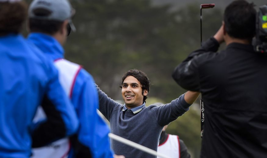 PEBBLE BEACH, CA - FEBRUARY 08: Big Bang Theory actor Kunal Nayyar celebrates after making the final putt to help his team win the 3M Celebrity Challenge for charities at the AT&T Pebble Beach Pro-Am at Pebble Beach Golf Links, on February 8, 2017 in Pebble Beach, California. (Photo by Stan Badz/PGA TOUR)