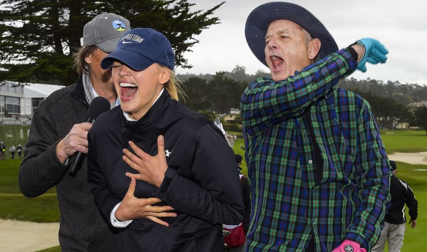 PEBBLE BEACH, CA - FEBRUARY 08: (L-R) Actress Kelly Rohrbach and comedian Bill Murray celebrate after winning the 3M Celebrity Challenge at the AT&T Pebble Beach Pro-Am at Pebble Beach Golf Links, on February 8, 2017 in Pebble Beach, California. (Photo by Stan Badz/PGA TOUR)