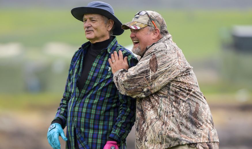 PEBBLE BEACH, CA - FEBRUARY 08: (L-R) Comedians Bill Murray and Larry the Cable Guy watch play on the 18th hole during the 3M Celebrity Challenge for charities at the AT&T Pebble Beach Pro-Am at Pebble Beach Golf Links, on February 8, 2017 in Pebble Beach, California. (Photo by Stan Badz/PGA TOUR)