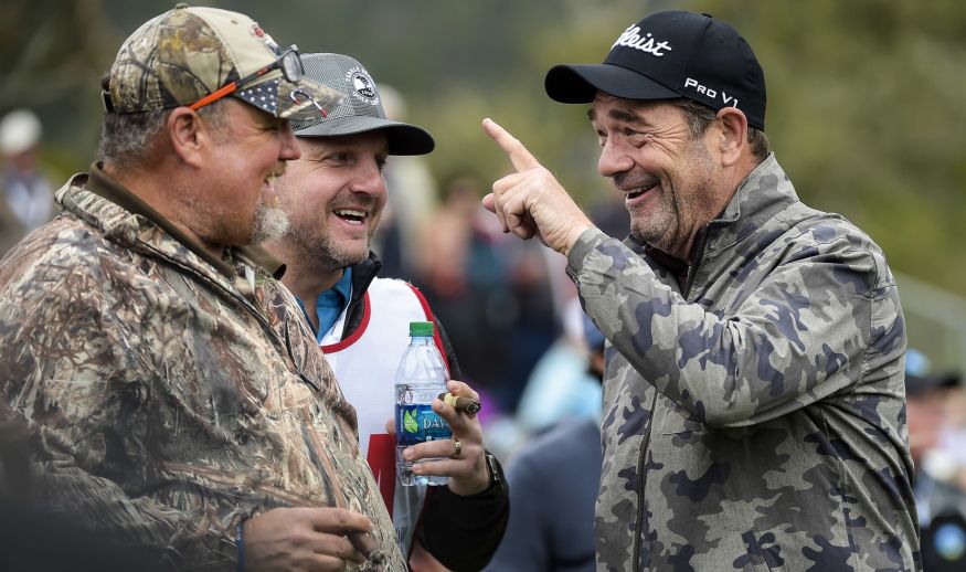 PEBBLE BEACH, CA - FEBRUARY 08: (L-R) Larry the Cable Guy and Huey Lewis wait to play the 17th hole during the 3M Celebrity Challenge at the AT&T Pebble Beach Pro-Am at Pebble Beach Golf Links, on February 8, 2017 in Pebble Beach, California. (Photo by Stan Badz/PGA TOUR)