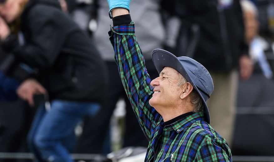 PEBBLE BEACH, CA - FEBRUARY 08: Comedian Bill Murray acknowledges the gallery on the 18th hole during the 3M Celebrity Challenge for charities at the AT&T Pebble Beach Pro-Am at Pebble Beach Golf Links, on February 8, 2017 in Pebble Beach, California. (Photo by Stan Badz/PGA TOUR)