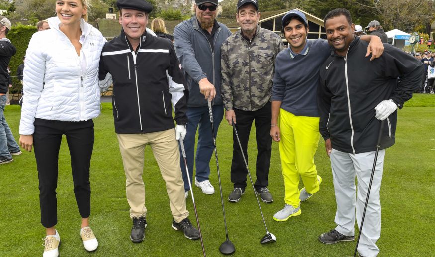 PEBBLE BEACH, CA - FEBRUARY 08: (L-R) Participating celebrities Kelly Rohrbach, Clay Walker, Toby Keith, Huey Lewis, Kunal Nayyar and Alfonso Ribeiro gather for a team group shot on the first hole during the 3M Celebrity Challenge for charities at the AT&T Pebble Beach Pro-Am at Pebble Beach Golf Links, on February 8, 2017 in Pebble Beach, California. (Photo by Stan Badz/PGA TOUR)