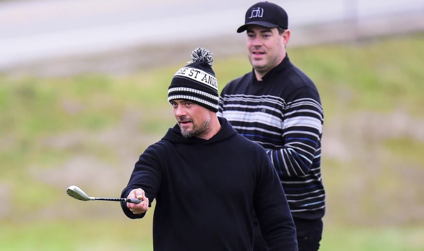 PEBBLE BEACH, CA - FEBRUARY 09:  Carson Daly and Josh Duhamel stand on the 12th green during Round One of the AT&T Pebble Beach Pro-Am at Monterey Peninsula Country Club on February 9, 2017 in Pebble Beach, California.  (Photo by Harry How/Getty Images)