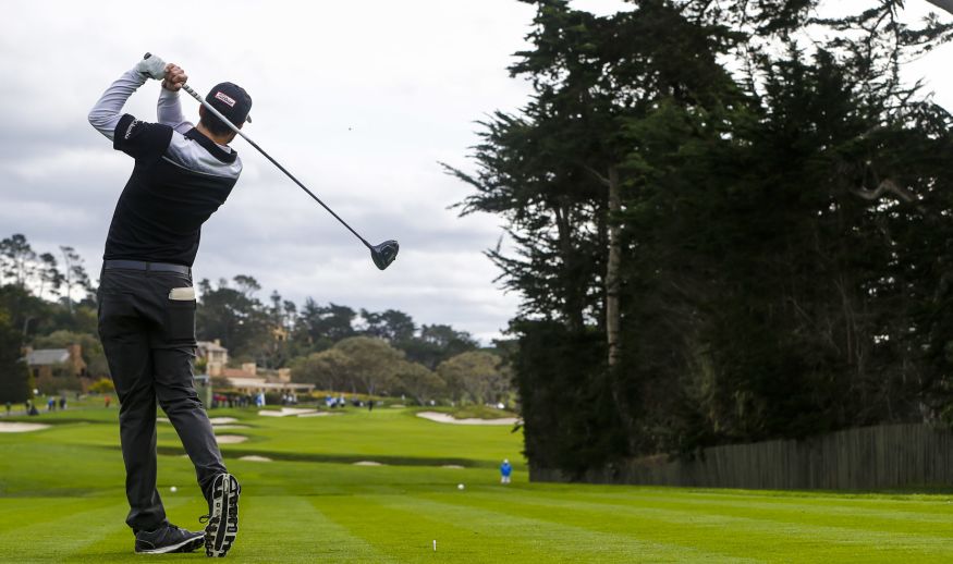 PEBBLE BEACH, CA - FEBRUARY 09:  Mark Hubbard hits his tee shot on the 4th hole during Round One of the AT&T Pebble Beach Pro-Am at Pebble Beach Golf Links on February 9, 2017 in Pebble Beach, California.  (Photo by Jonathan Ferrey/Getty Images)