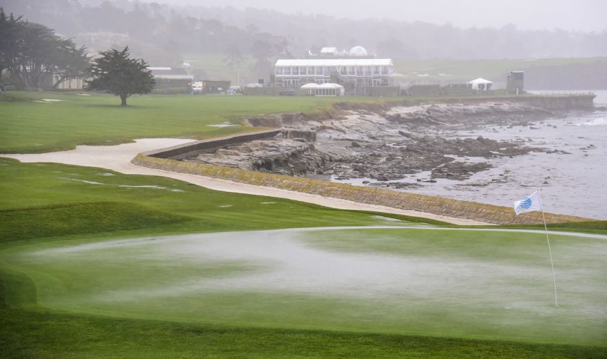 PEBBLE BEACH, CA - FEBRUARY 09:  Play is suspended during Round One of the AT&T Pebble Beach Pro-Am due to inclement weather at Pebble Beach Golf Links on February 9, 2017 in Pebble Beach, California.  (Photo by Harry How/Getty Images)