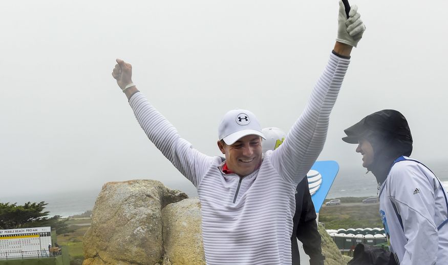 PEBBLE BEACH, CA - FEBRUARY 09: Jordan Spieth celebrates his a tee shot on the 11th hole during the first round of the AT&T Pebble Beach Pro-Am at Pebble Beach Golf Links, Spyglass Hill Golf Course, Monterey Peninsula Country Club (Shore Course) on February 9, 2017 in Pebble Beach, California. (Photo by Stan Badz/PGA TOUR)
