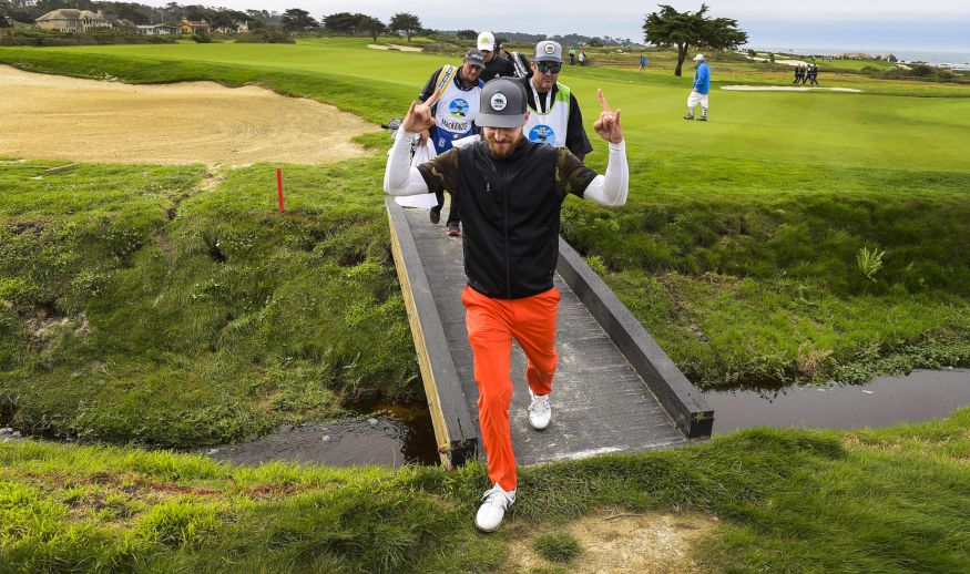 PEBBLE BEACH, CA - FEBRUARY 09: Justin Timberlake walks along the sixth hole during the first round of the AT&T Pebble Beach Pro-Am at Monterey Peninsula Country Club (Shore Course) on February 9, 2017 in Pebble Beach, California. (Photo by Stan Badz/PGA TOUR)