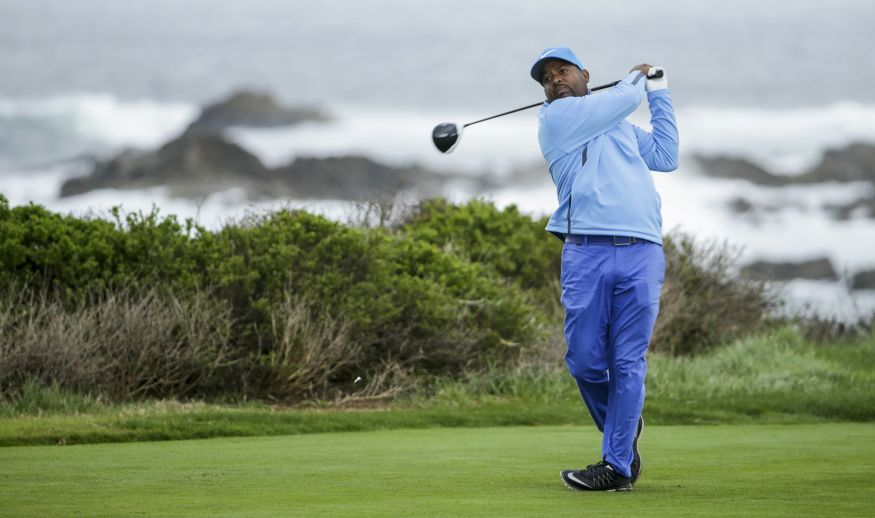 PEBBLE BEACH, CA - FEBRUARY 09:  Alfonso Ribeiro hits his tee shot on the 13th hole during Round One of the AT&T Pebble Beach Pro-Am at Monterey Peninsula Country Club on February 9, 2017 in Pebble Beach, California.  (Photo by Jeff Gross/Getty Images)