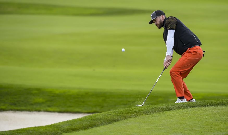 PEBBLE BEACH, CA - FEBRUARY 09: Justin Timberlake plays a bunker shot on the sixth hole during the first round of the AT&T Pebble Beach Pro-Am at Monterey Peninsula Country Club (Shore Course) on February 9, 2017 in Pebble Beach, California. (Photo by Stan Badz/PGA TOUR)