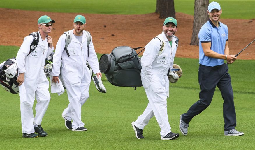 AUGUSTA, GA - APRIL 03:  Martin Kaymer of Germany, his caddie Craig Connelly, caddie for Shane Lowry of Ireland, Dermot Byrne and caddie for Alex Noren, Lee Warne walk during a practice round prior to the start of the 2017 Masters Tournament at Augusta National Golf Club on April 3, 2017 in Augusta, Georgia.  (Photo by Andrew Redington/Getty Images)
