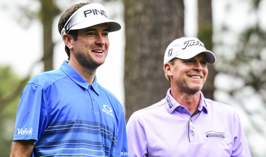 AUGUSTA, GA - APRIL 03:  Bubba Watson and Steve Stricker of the United States look on from the fourth tee during a practice round prior to the start of the 2017 Masters Tournament at Augusta National Golf Club on April 3, 2017 in Augusta, Georgia.  (Photo by Harry How/Getty Images)