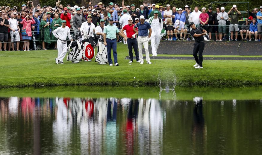 AUGUSTA, GA - APRIL 03:  Brooks Koepka of the United States skips his ball across the pond on the 16th hole during a practice round prior to the start of the 2017 Masters Tournament at Augusta National Golf Club on April 3, 2017 in Augusta, Georgia.  (Photo by Rob Carr/Getty Images)