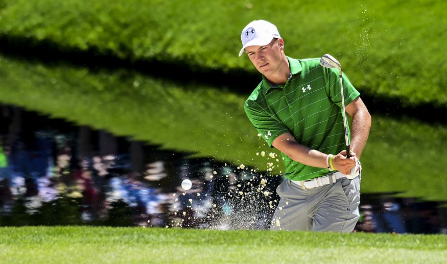 AUGUSTA, GA - APRIL 04:  Jordan Spieth of the United States plays a shot from a greenside bunker on the 16th hole during a practice round prior to the start of the 2017 Masters Tournament at Augusta National Golf Club on April 4, 2017 in Augusta, Georgia.  (Photo by Harry How/Getty Images)