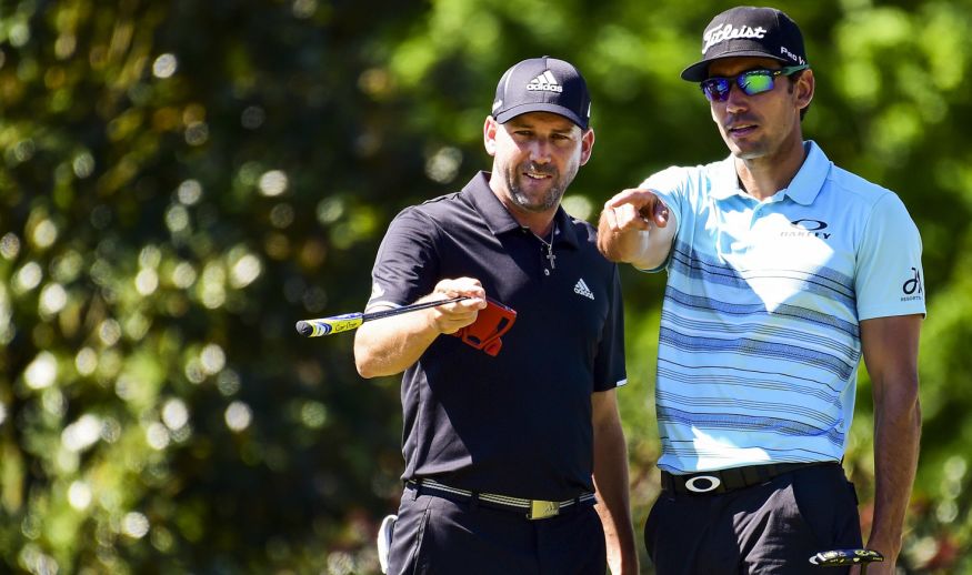 AUGUSTA, GA - APRIL 04:  (L-R) Sergio Garcia of Spain and Rafa Cabrera Bello of Spain talk on the 14th green during a practice round prior to the start of the 2017 Masters Tournament at Augusta National Golf Club on April 4, 2017 in Augusta, Georgia.  (Photo by Harry How/Getty Images)