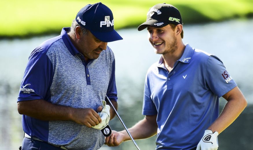 AUGUSTA, GA - APRIL 04:  Angel Cabrera of Argentina talks to Emiliano Grillo of Argentina during a practice round prior to the start of the 2017 Masters Tournament at Augusta National Golf Club on April 4, 2017 in Augusta, Georgia.  (Photo by Harry How/Getty Images)