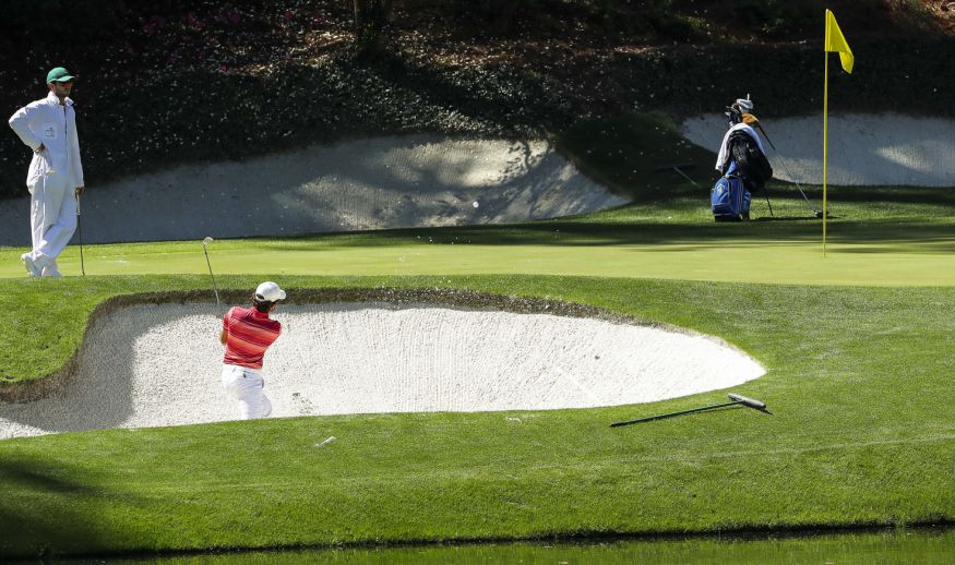 AUGUSTA, GA - APRIL 04: Amatuer Toto Gana of Chile plays a shot from a bunker during a practice round prior to the start of the 2017 Masters Tournament at Augusta National Golf Club on April 4, 2017 in Augusta, Georgia.  (Photo by David Cannon/Getty Images)