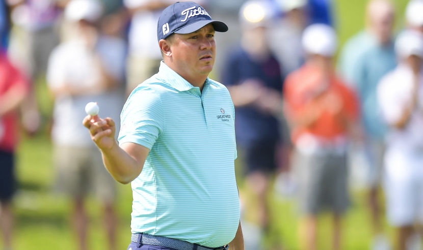 IRVING, TX - MAY 18:   Jason Dufner reacts after a par putt on the second hole during Round One of the AT&T Byron Nelson at the TPC Four Seasons Resort Las Colinas on May 18, 2017 in Irving, Texas.  (Photo by Drew Hallowell/Getty Images)