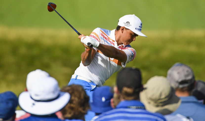 HARTFORD, WI - JUNE 15:  Rickie Fowler of the United States plays his shot from the 12th tee during the first round of the 2017 U.S. Open at Erin Hills on June 15, 2017 in Hartford, Wisconsin.  (Photo by Ross Kinnaird/Getty Images)