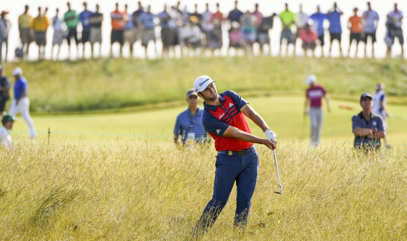 HARTFORD, WI - JUNE 15:  Jon Rahm of Spain plays his shot on the 11th hole during the first round of the 2017 U.S. Open at Erin Hills on June 15, 2017 in Hartford, Wisconsin.  (Photo by Ross Kinnaird/Getty Images)