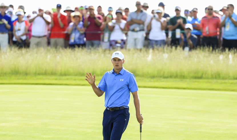 HARTFORD, WI - JUNE 15:  Jordan Spieth of the United States reacts after making a birdie on the 11th green during the first round of the 2017 U.S. Open at Erin Hills on June 15, 2017 in Hartford, Wisconsin.  (Photo by Richard Heathcote/Getty Images)