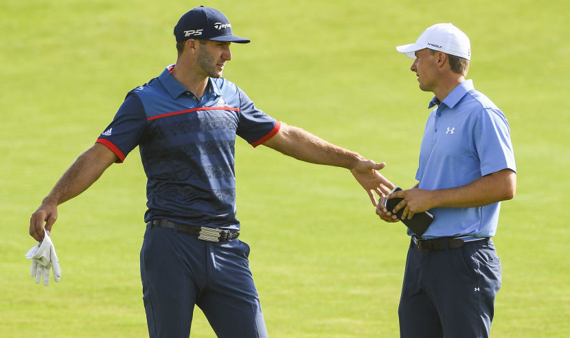 HARTFORD, WI - JUNE 15:  Dustin Johnson of the United States (L) and Jordan Spieth of the United States meet on the 11th hole during the first round of the 2017 U.S. Open at Erin Hills on June 15, 2017 in Hartford, Wisconsin.  (Photo by Ross Kinnaird/Getty Images)