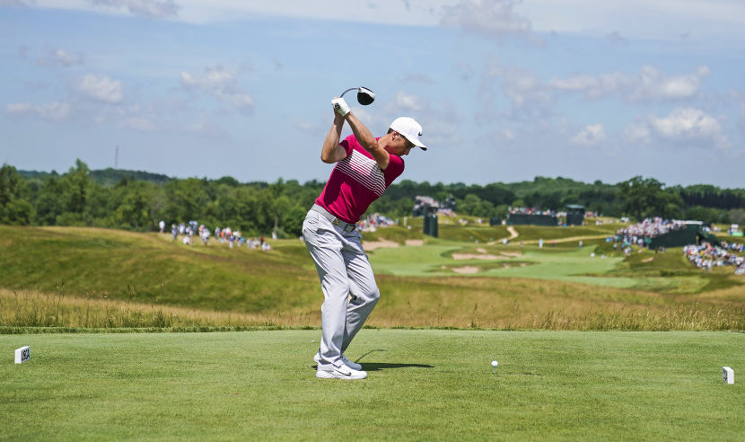 HARTFORD, WI - JUNE 15:  Ross Fisher of England plays his shot from the fourth tee during the first round of the 2017 U.S. Open at Erin Hills on June 15, 2017 in Hartford, Wisconsin.  (Photo by Richard Heathcote/Getty Images)