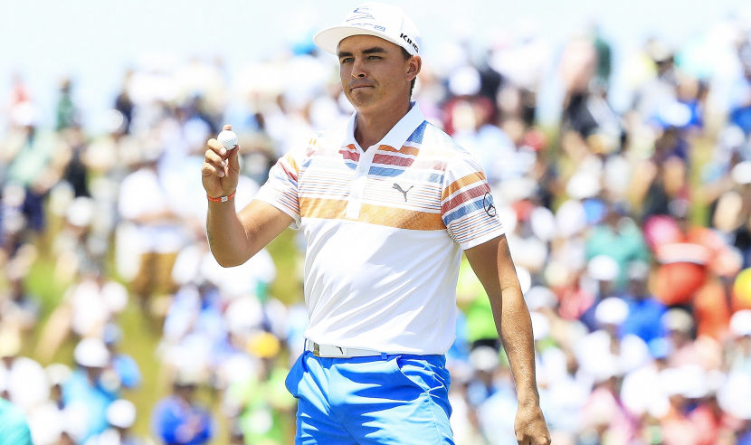 HARTFORD, WI - JUNE 15:  Rickie Fowler of the United States reacts after finishing on the ninth green during the first round of the 2017 U.S. Open at Erin Hills on June 15, 2017 in Hartford, Wisconsin.  (Photo by Andrew Redington/Getty Images)