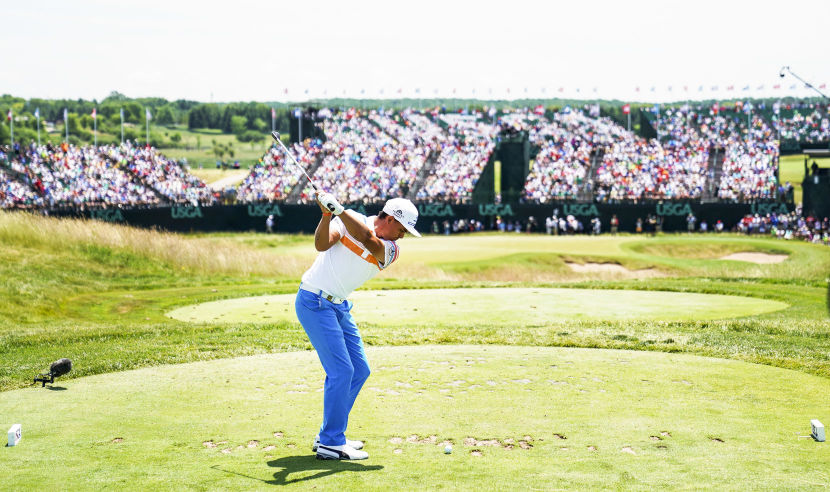 HARTFORD, WI - JUNE 15:  Rickie Fowler of the United States plays his shot from the ninth tee during the first round of the 2017 U.S. Open at Erin Hills on June 15, 2017 in Hartford, Wisconsin.  (Photo by Richard Heathcote/Getty Images)
