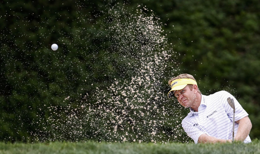 SILVIS, IL - JULY 13:  Billy Hurley III hits from a green side bunker on the ninth hole during the first round of the John Deere Classic at TPC Deere Run on July 13, 2017 in Silvis, Illinois.  (Photo by Stacy Revere/Getty Images)