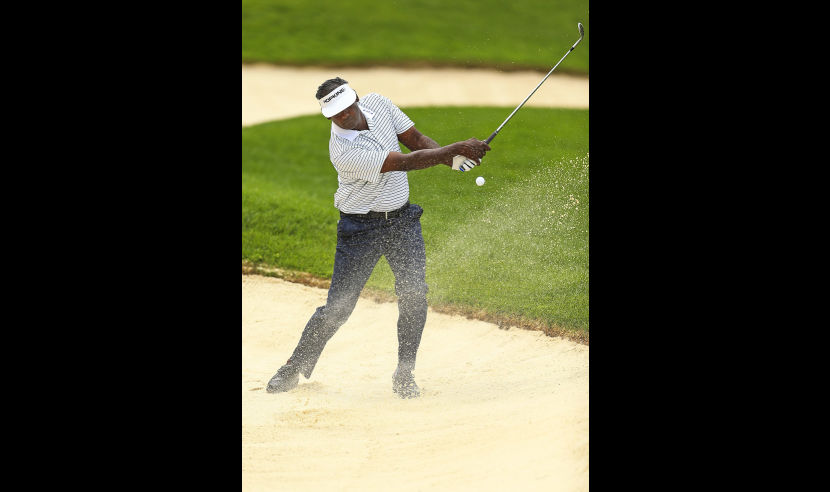OAKVILLE, ON - JULY 28:  Vijay Singh of Fiji plays his shot on the ninth hole during the second round of the RBC Canadian Open at Glen Abbey Golf Club on July 28, 2017 in Oakville, Canada.  (Photo by Vaughn Ridley/Getty Images)