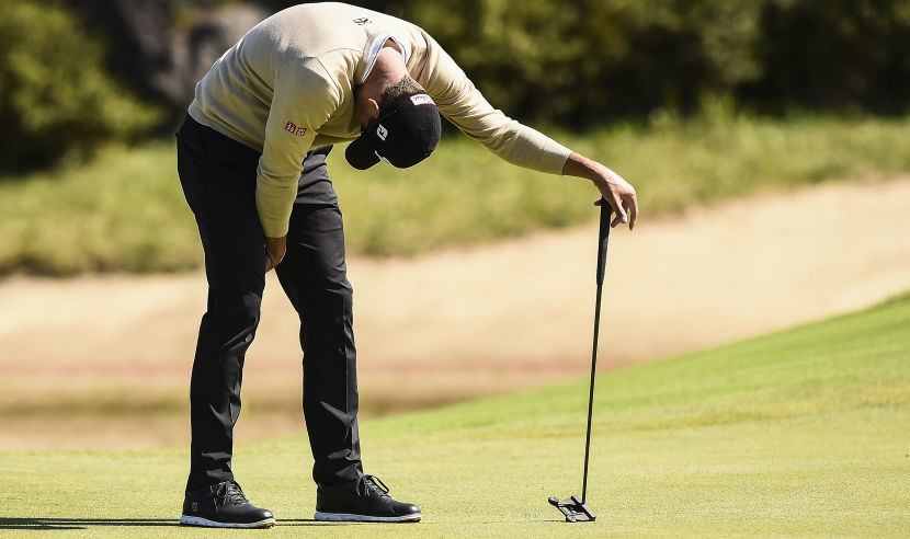 JEJU, SOUTH KOREA - OCTOBER 20: Adam Scott of Australia looks dejected afetr his putt on the 7th green during the second round of the CJ Cup at Nine Bridges on October 20, 2017 in Jeju, South Korea.  (Photo by Matt Roberts/Getty Images)