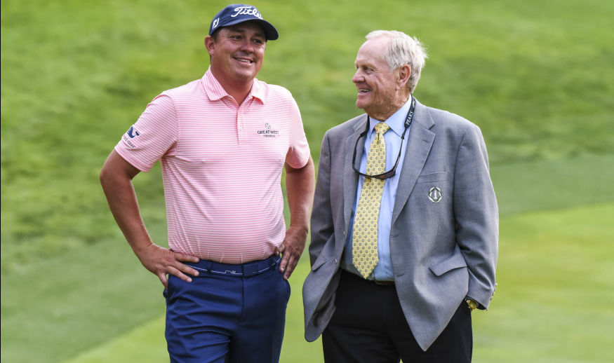 DUBLIN, OHIO - JUNE 04:  Jason Dufner smiles as he talks with tournament host Jack Nicklaus following his three stroke victory on the 18th hole green during the final round of the Memorial Tournament presented by Nationwide at Muirfield Village Golf Club on June 4, 2017 in Dublin, Ohio. (Photo by Keyur Khamar/PGA TOUR)