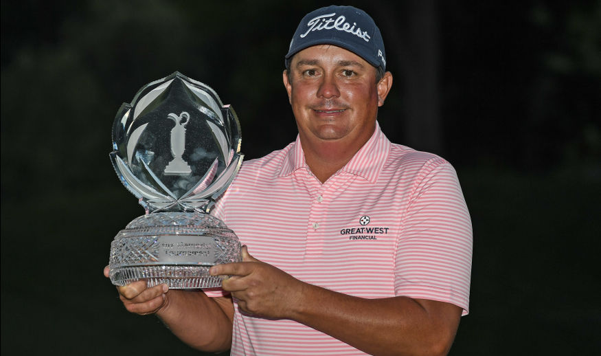 DUBLIN, OHIO - JUNE 04: Jason Dufner holds the tournament trophy after winning the Memorial Tournament presented by Nationwide at Muirfield Village Golf Club on June 4, 2017 in Dublin, Ohio. (Photo by Chris Condon/PGA TOUR)