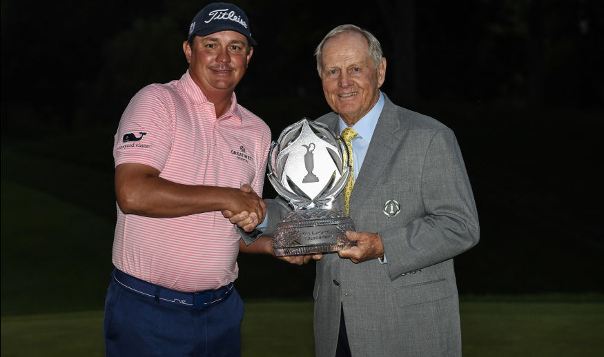 DUBLIN, OHIO - JUNE 04: Jason Dufner holds the tournament trophy with tournament host Jack Nicklaus after winning the Memorial Tournament presented by Nationwide at Muirfield Village Golf Club on June 4, 2017 in Dublin, Ohio. (Photo by Chris Condon/PGA TOUR)