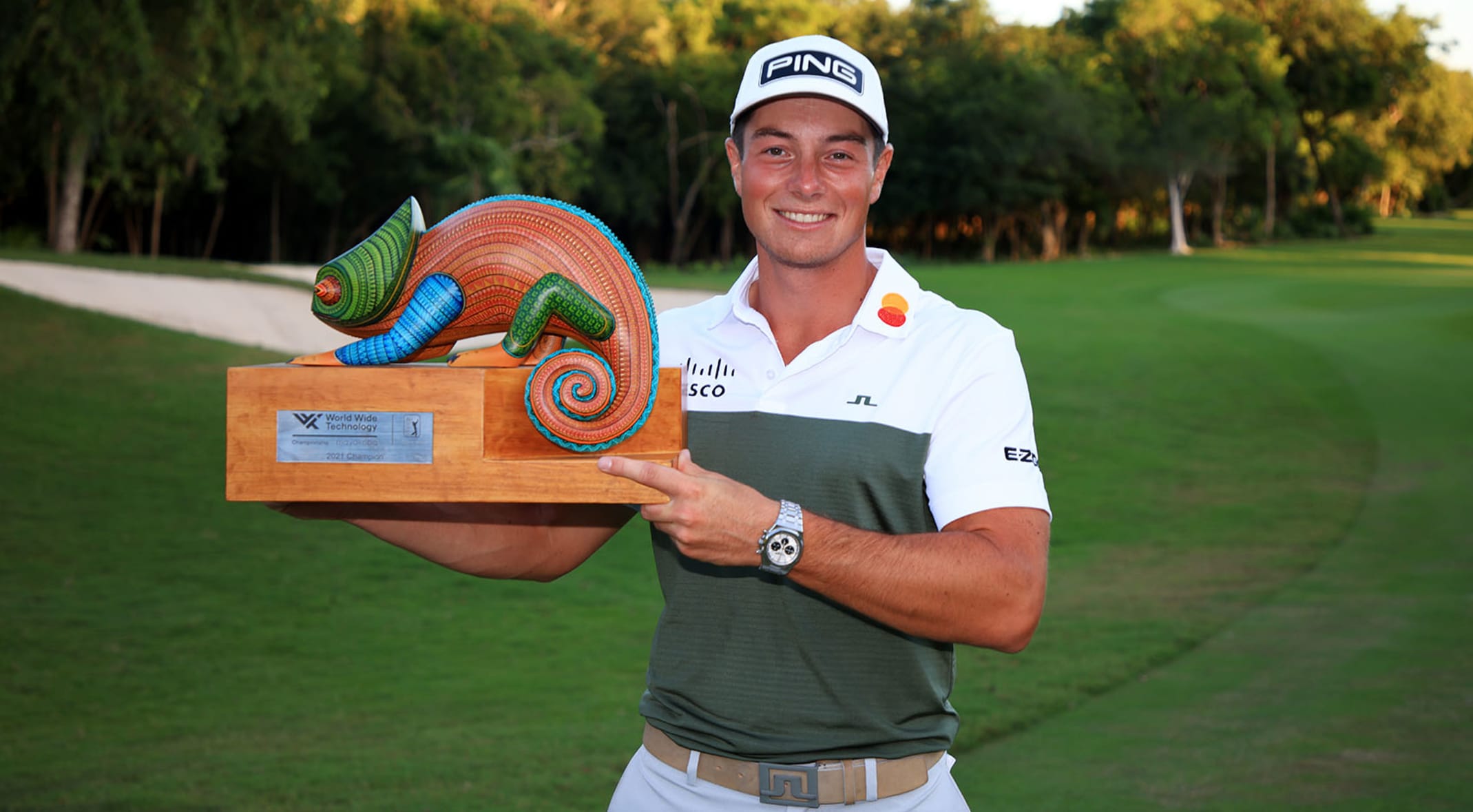 Viktor Hovland with World Wide Tech trophy