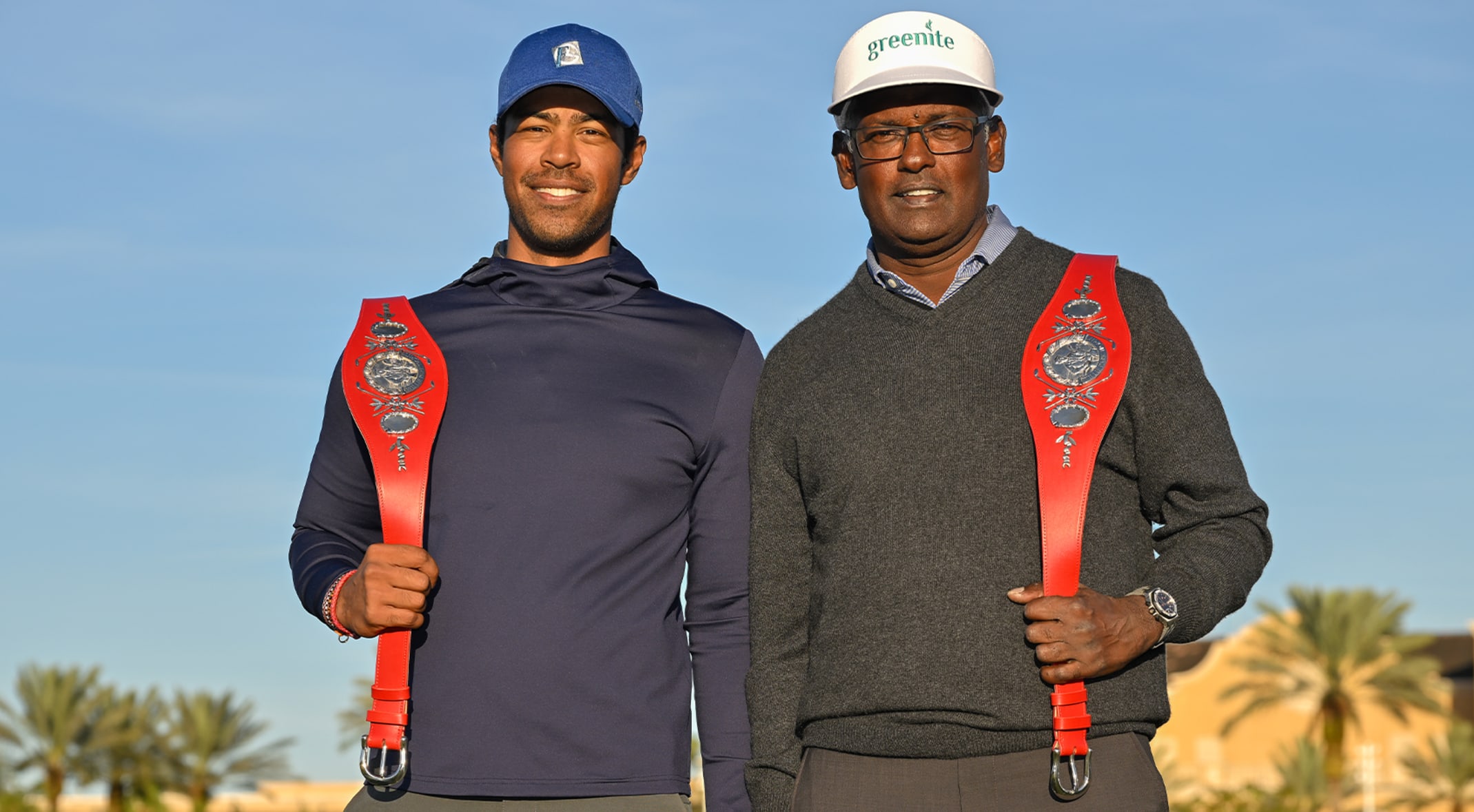Qass and Vijay with the Willie Park Trophy belts