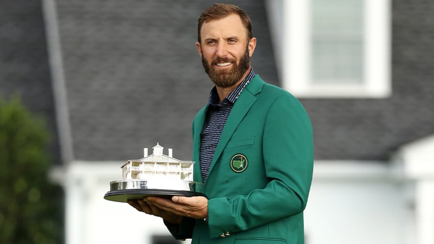 Dustin Johnson with the Masters trophy and Green Jacket
