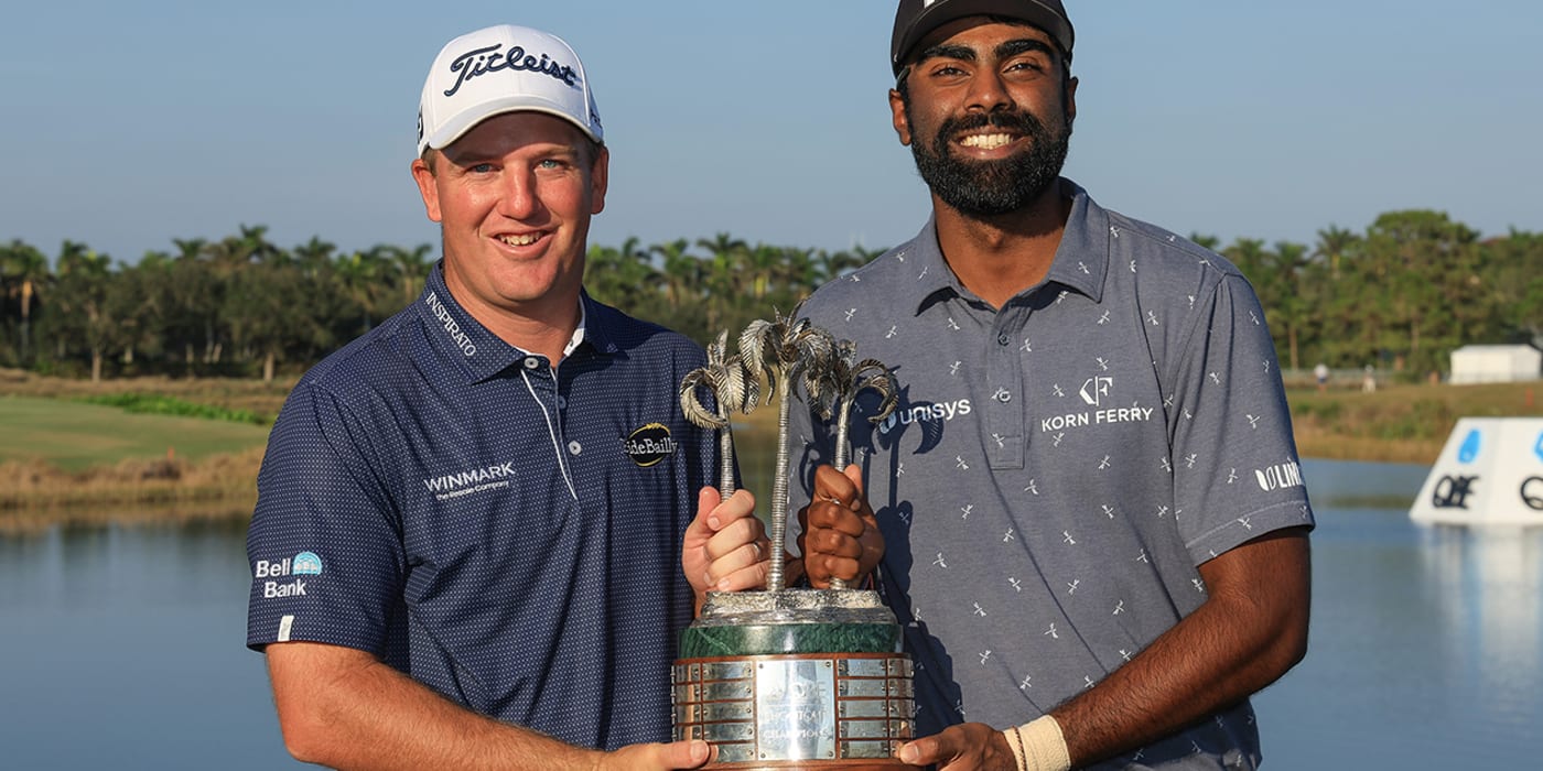Hoge and Theegala with QBE trophy