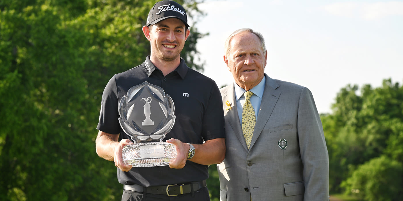 Patrick Cantlay with trophy and Jack Nicklaus