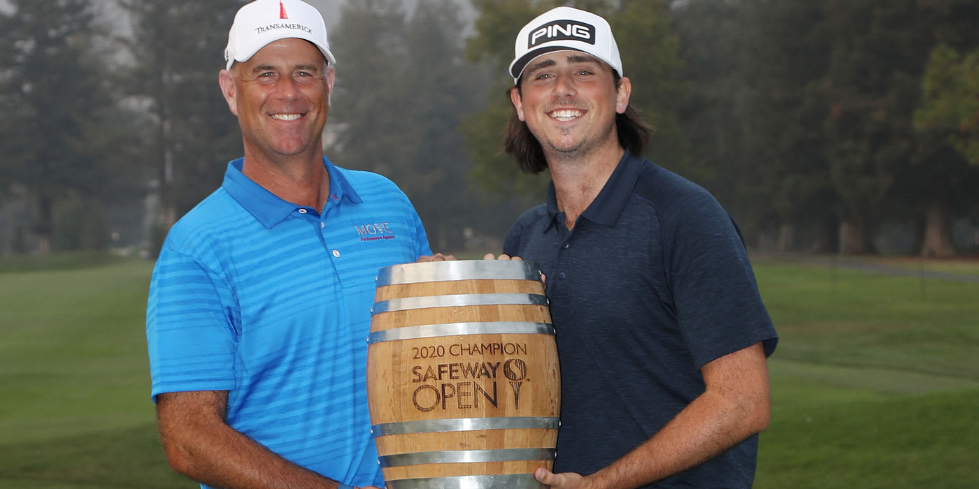 Stewart Cink with Safeway trophy and son/caddie Reagan