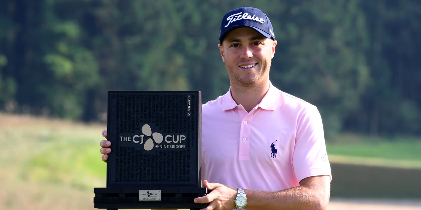 Justin Thomas with the CJ Cup trophy