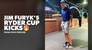 Jim Furyk sports Steve Stricker-supplied shoes for Jumbo Shrimp first pitch