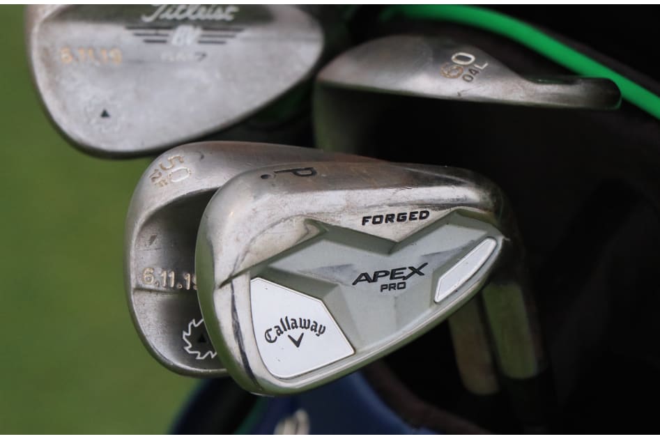 Branden Grace's mixed bag of Callaway Apex Pro forged irons and Titleist SM7 wedges. His wedges are stamped with the date that he put the clubs in play.